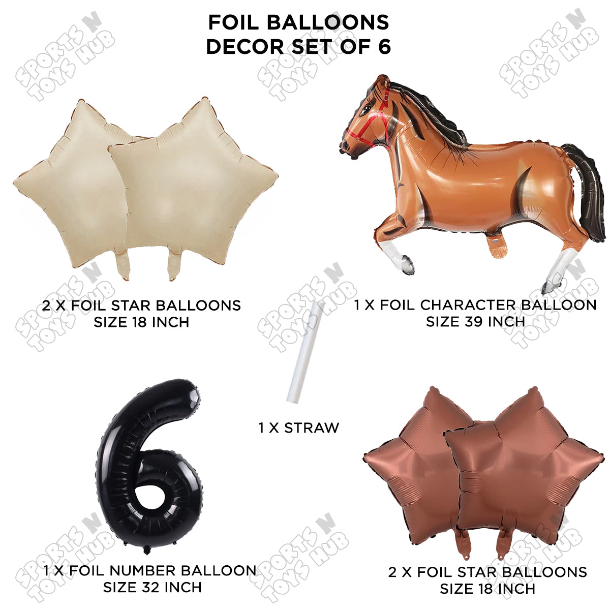 Giant Horse Brown Color Pack Of 6 Balloon Set With 32 Inch Foil Number Balloon