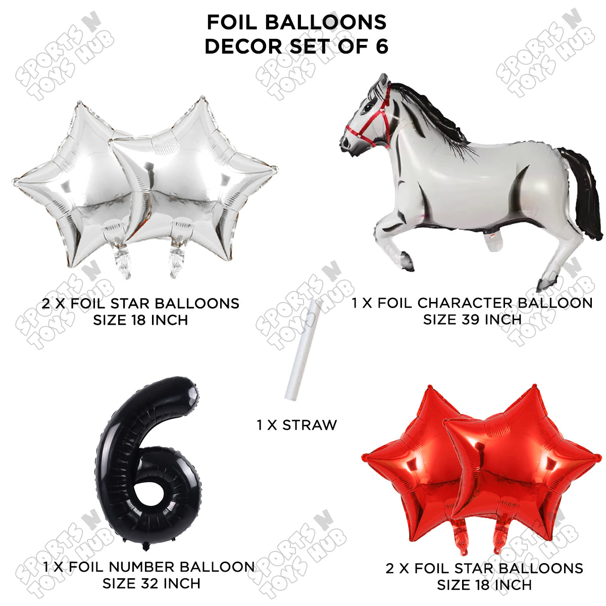 White Horse Theme Birthday Foil Balloon Set Pack of 6 with 32 Inch Number Foil Balloon – Horse Birthday Party Decorations for Kids, Boys & Girls