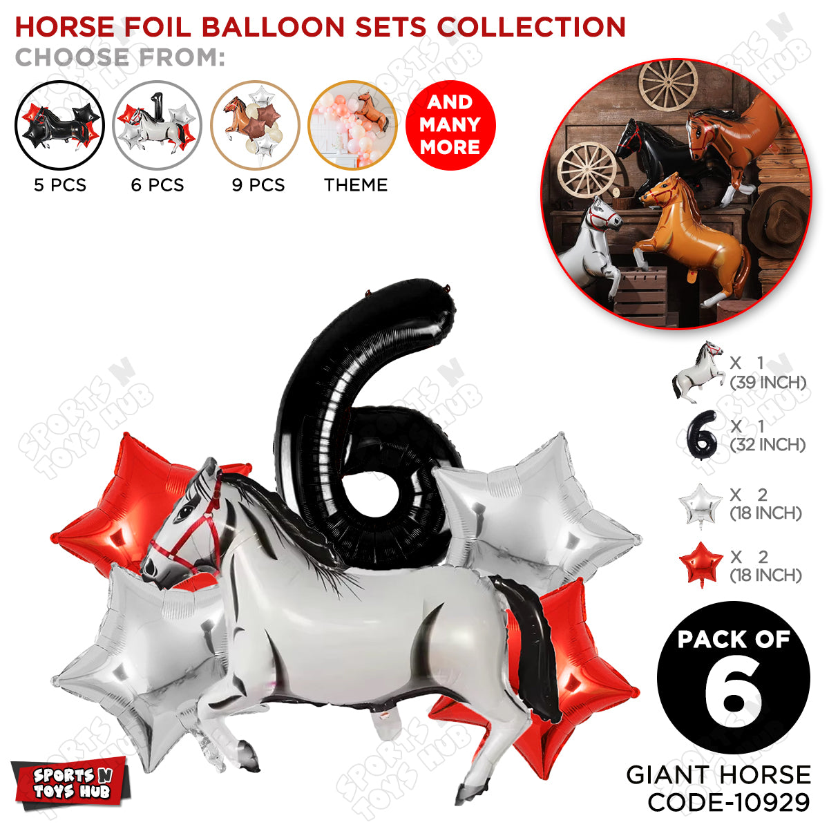 White Horse Theme Birthday Foil Balloon Set Pack of 6 with 32 Inch Number Foil Balloon – Horse Birthday Party Decorations for Kids, Boys & Girls