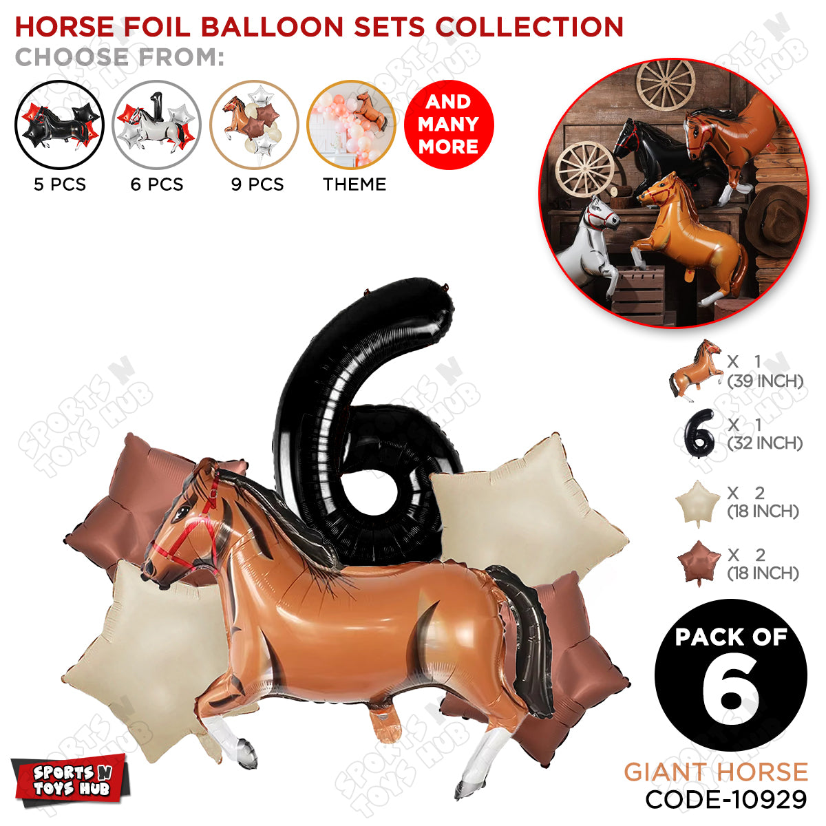 Giant Horse Brown Color Pack Of 6 Balloon Set With 32 Inch Foil Number Balloon