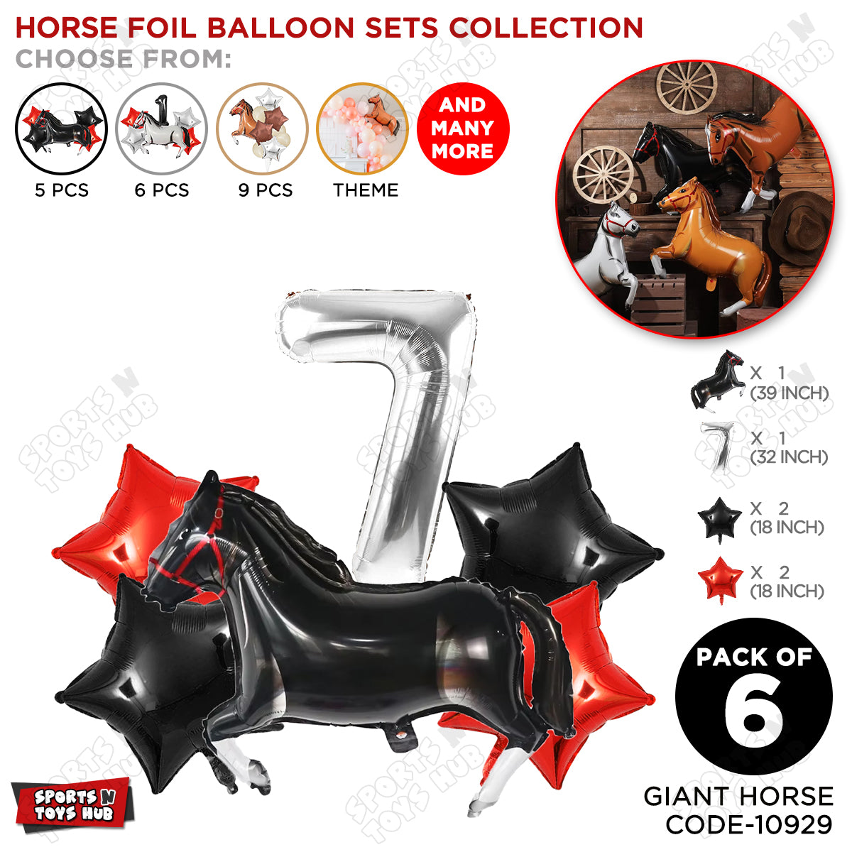 Giant Horse Black Foil Balloon Kit Pack of 6 with 32 Inch Number Balloon – Horse Birthday Party Decoration Set for Kids Celebration