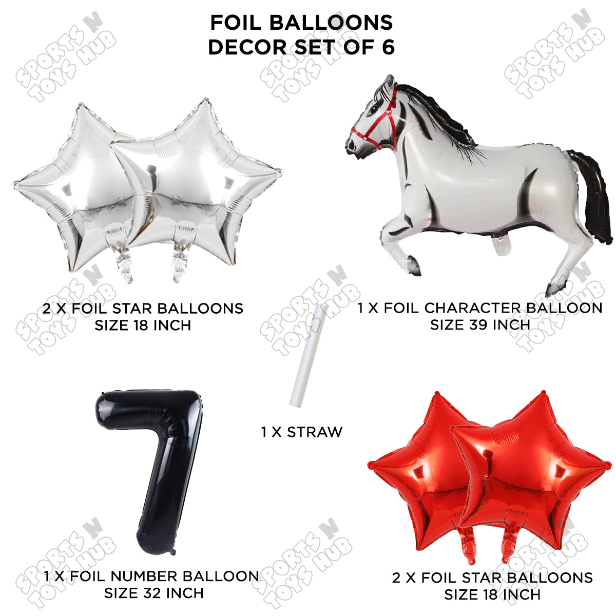 White Horse Theme Birthday Foil Balloon Set Pack of 6 with 32 Inch Number Foil Balloon – Horse Birthday Party Decorations for Kids, Boys & Girls