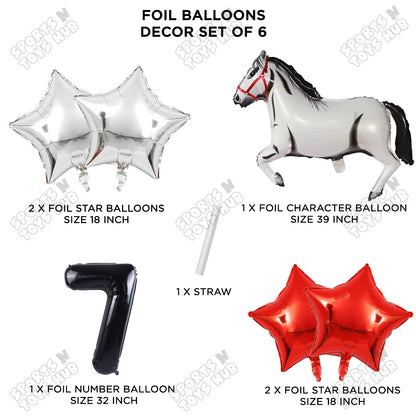 White Horse Theme Birthday Foil Balloon Set Pack of 6 with 32 Inch Number Foil Balloon – Horse Birthday Party Decorations for Kids, Boys & Girls