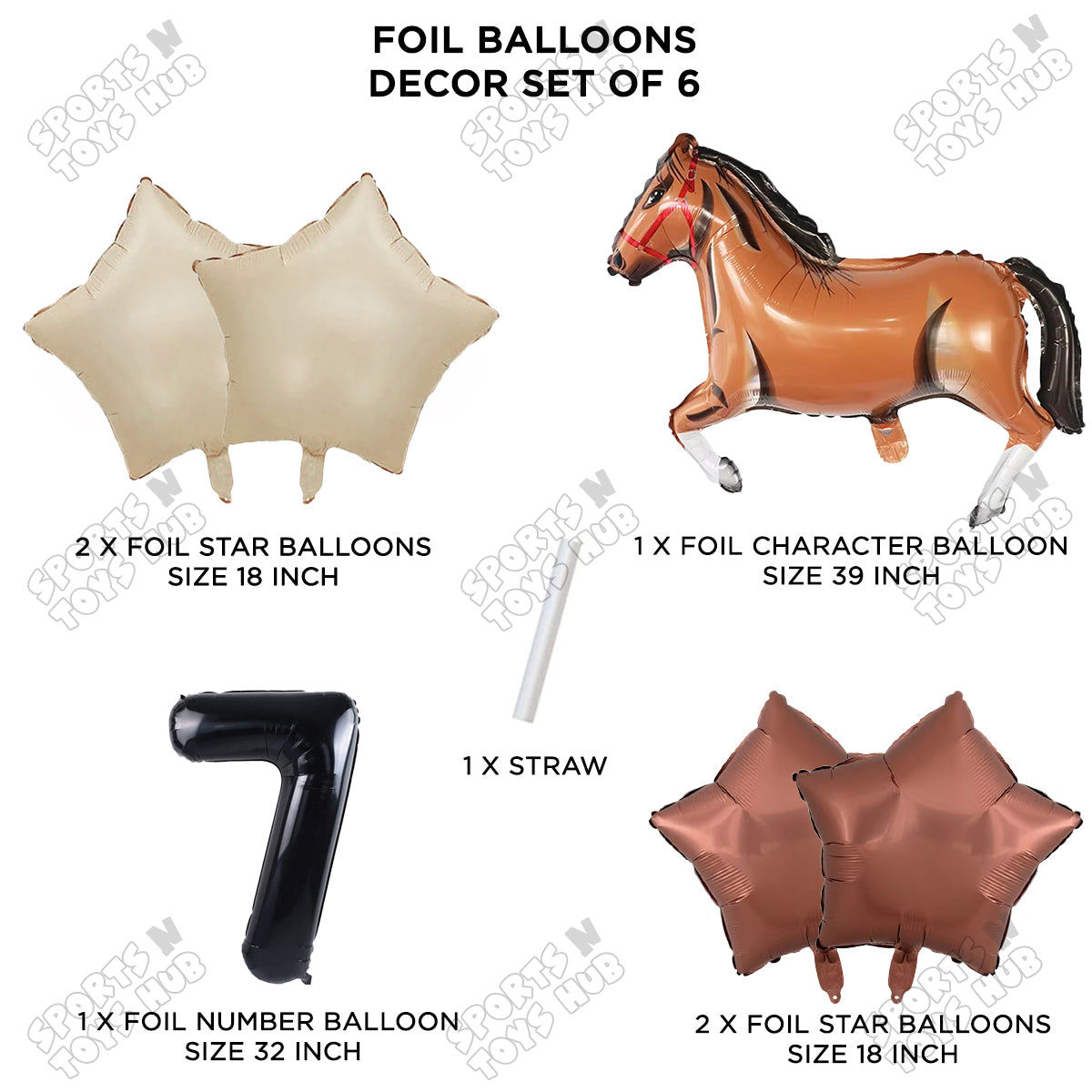 Giant Horse Brown Color Pack Of 6 Balloon Set With 32 Inch Foil Number Balloon