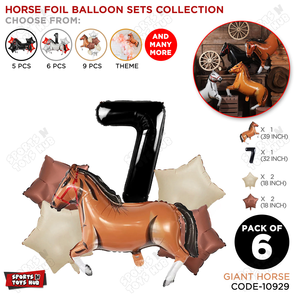 Giant Horse Brown Color Pack Of 6 Balloon Set With 32 Inch Foil Number Balloon