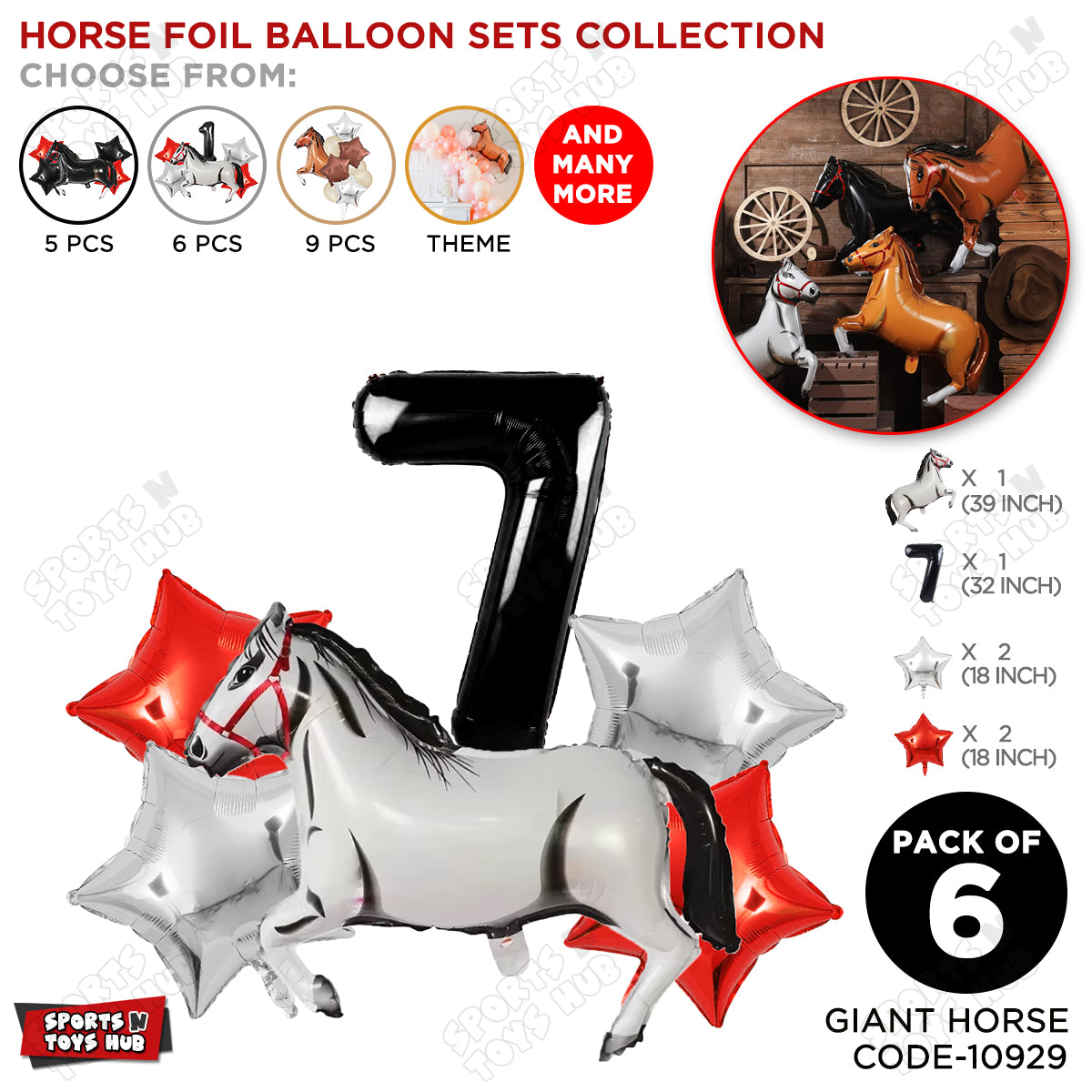White Horse Theme Birthday Foil Balloon Set Pack of 6 with 32 Inch Number Foil Balloon – Horse Birthday Party Decorations for Kids, Boys & Girls