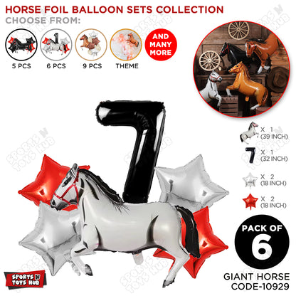 White Horse Theme Birthday Foil Balloon Set Pack of 6 with 32 Inch Number Foil Balloon – Horse Birthday Party Decorations for Kids, Boys & Girls