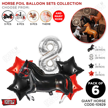 Giant Horse Black Foil Balloon Kit Pack of 6 with 32 Inch Number Balloon – Horse Birthday Party Decoration Set for Kids Celebration