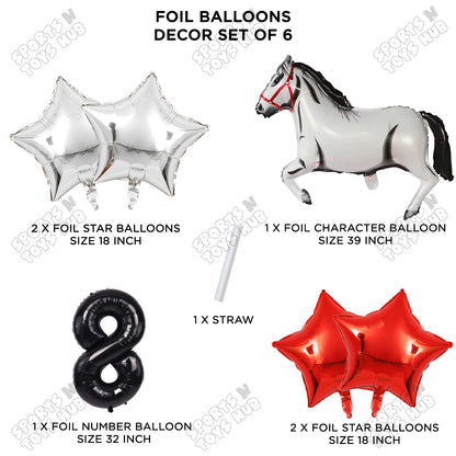 White Horse Theme Birthday Foil Balloon Set Pack of 6 with 32 Inch Number Foil Balloon – Horse Birthday Party Decorations for Kids, Boys & Girls
