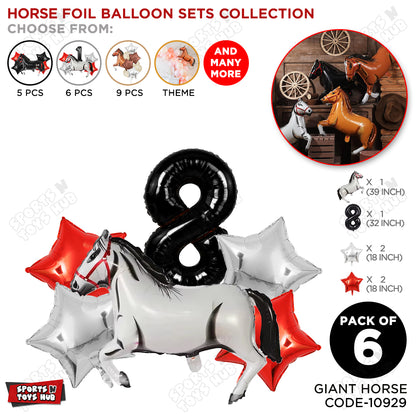 White Horse Theme Birthday Foil Balloon Set Pack of 6 with 32 Inch Number Foil Balloon – Horse Birthday Party Decorations for Kids, Boys & Girls