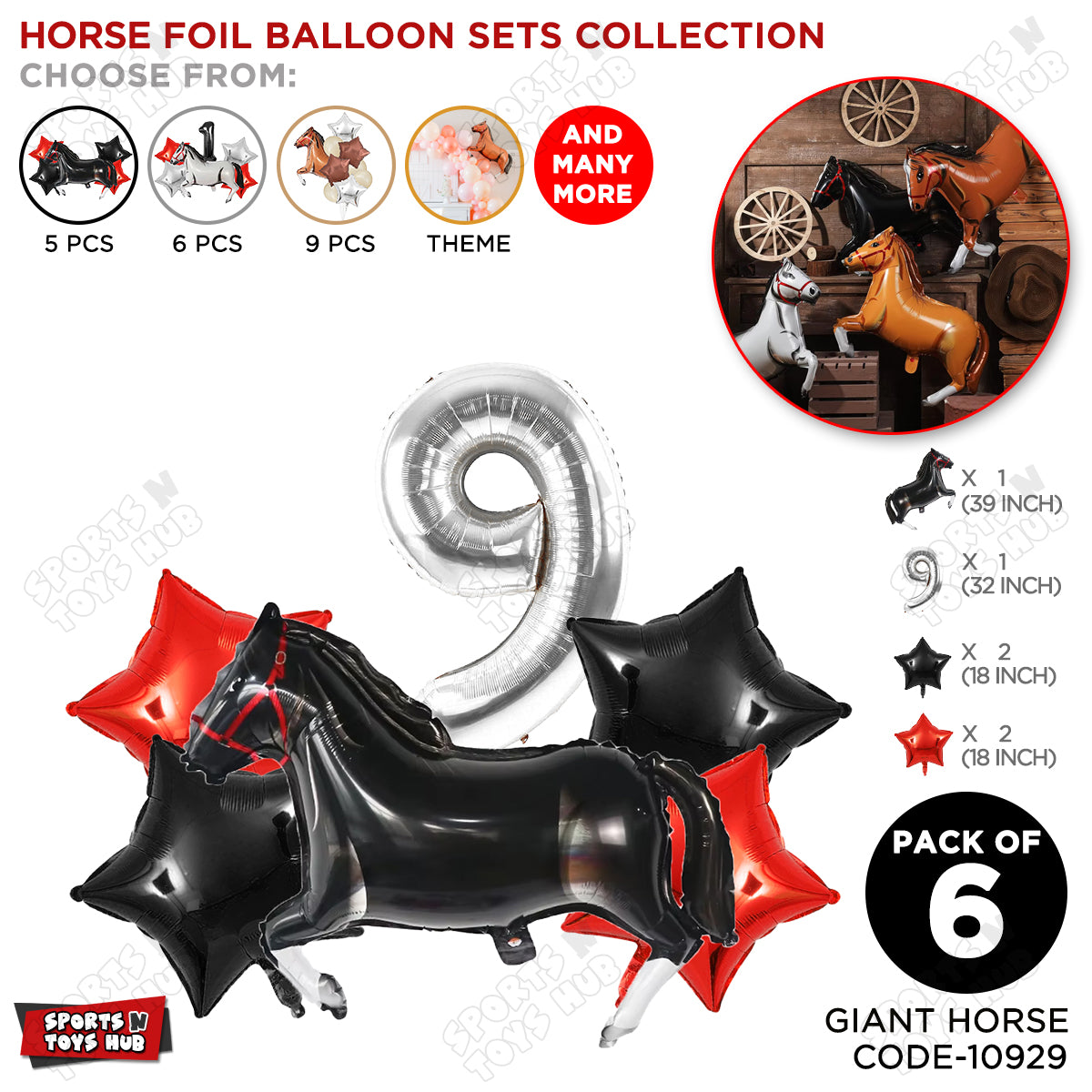 Giant Horse Black Foil Balloon Kit Pack of 6 with 32 Inch Number Balloon – Horse Birthday Party Decoration Set for Kids Celebration