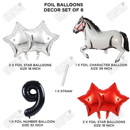 White Horse Theme Birthday Foil Balloon Set Pack of 6 with 32 Inch Number Foil Balloon – Horse Birthday Party Decorations for Kids, Boys & Girls