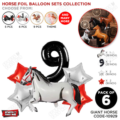 White Horse Theme Birthday Foil Balloon Set Pack of 6 with 32 Inch Number Foil Balloon – Horse Birthday Party Decorations for Kids, Boys & Girls