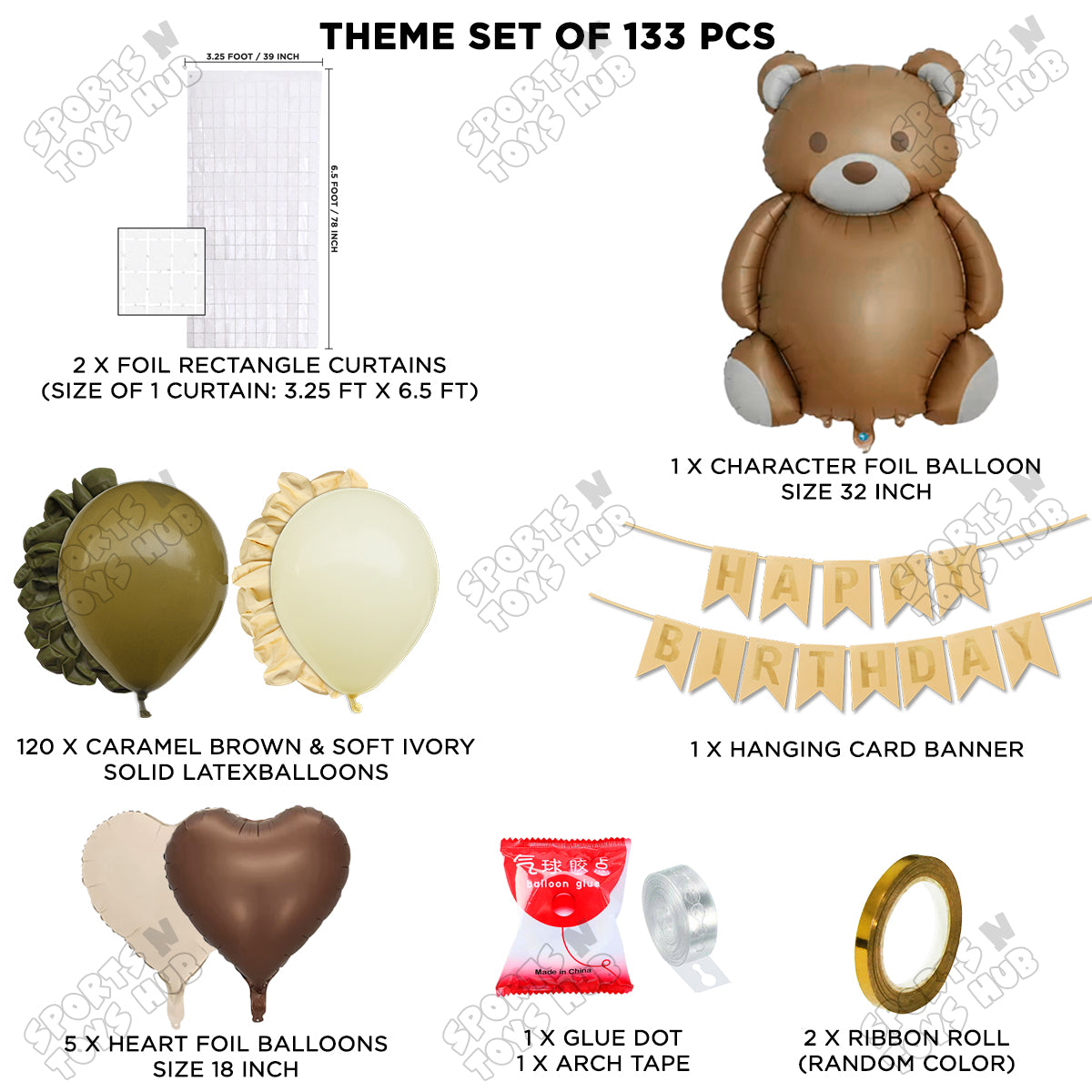 Teddy Bear Foil and Latex Balloon Arch Theme Set with Happy Birthday Card Banner and Foil Curtains