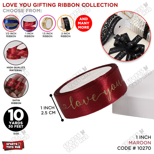 "Love You" Printed Satin Ribbon Roll – 1 Inch x 9 Yards for Gift Wrapping & Floral Decor