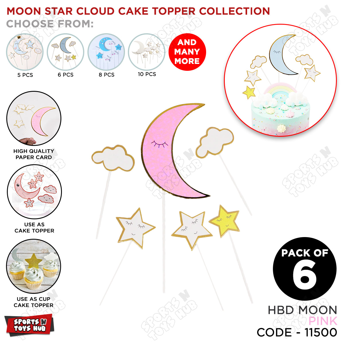 HBD Moon Star & Cloud Cake Topper - 6 Pcs