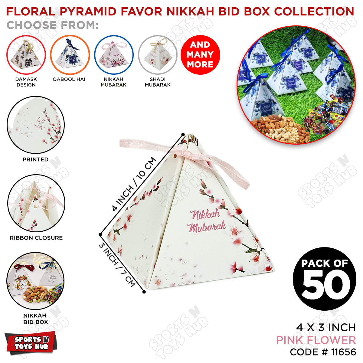 Floral Pyramid Favor Nikkah Pink Printed Flower Bid Box
