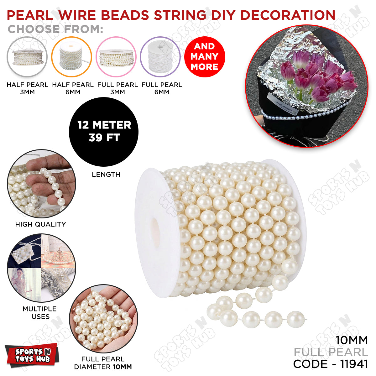Pearl Beads String Wire – 4mm, 6mm & 10mm, Decorative Pearl Bead Chain for DIY Crafts, Floral Bouquets, Gift Wrapping, Wedding, Party & Event Decorations