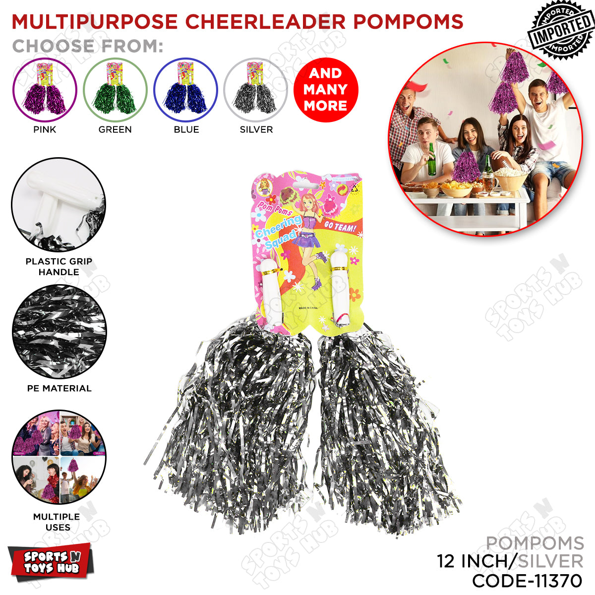 Cheerleader's Tinsel Foil Pompoms with Plastic Grip Handles