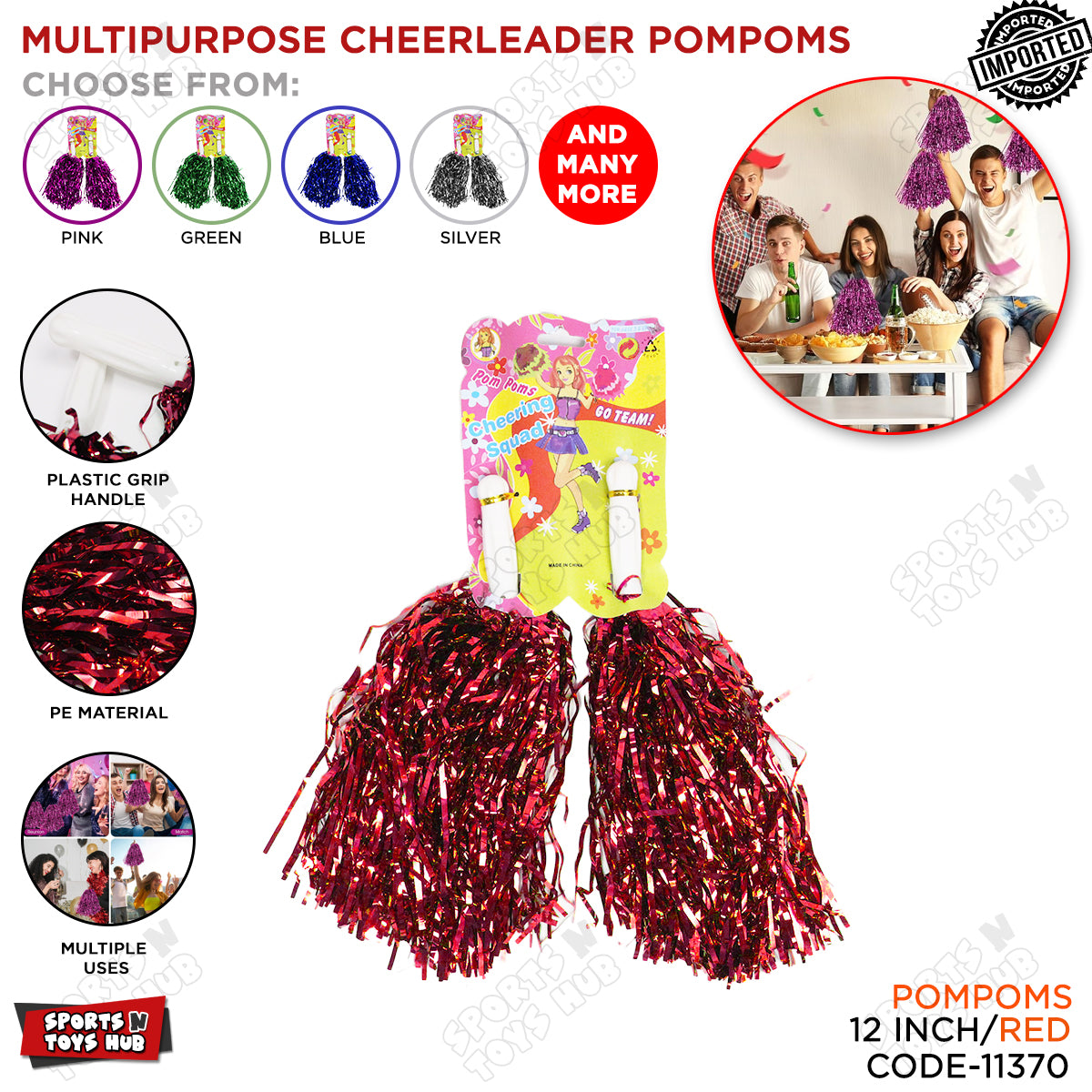Cheerleader's Tinsel Foil Pompoms with Plastic Grip Handles