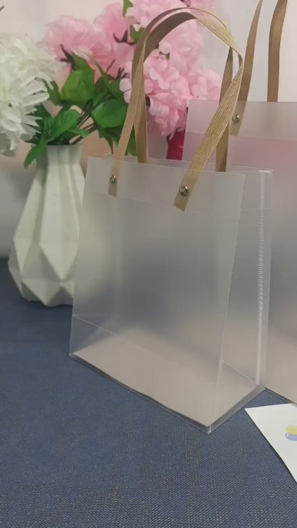 Frosted PVC Translucent Tote Gift Bags with Flat Paper Rope Handles – Pack of 10