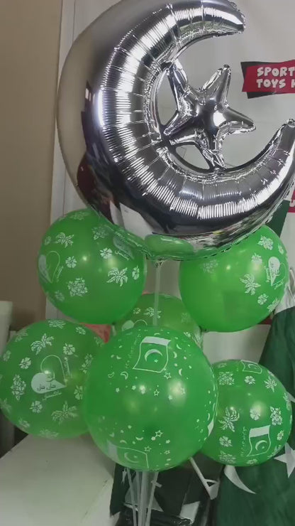 7 Stick Balloon Stand With Pakistan Flag Printed Balloons & Moon Star Foil Balloon