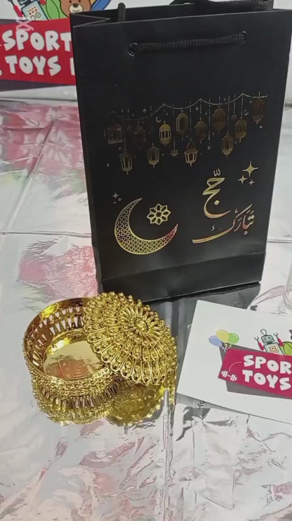 Hajj Tabarruk Bundle - 6x9x2.5 Inch Paper Card Bag with 3x3 Plastic Favor Box & 100ml Zam Zam Bottle - 36 pcs / 12 Bundles