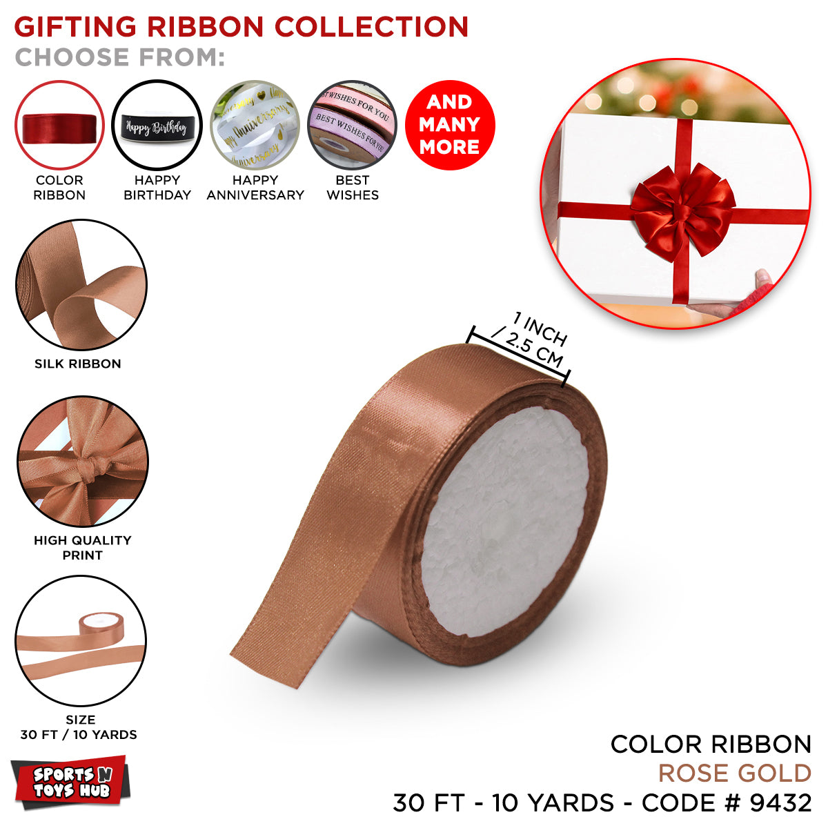 1 Inch x 9 Yards – Multi-Purpose Plain Satin Ribbon Roll for Gift Wrapping, Crafts & Decor
