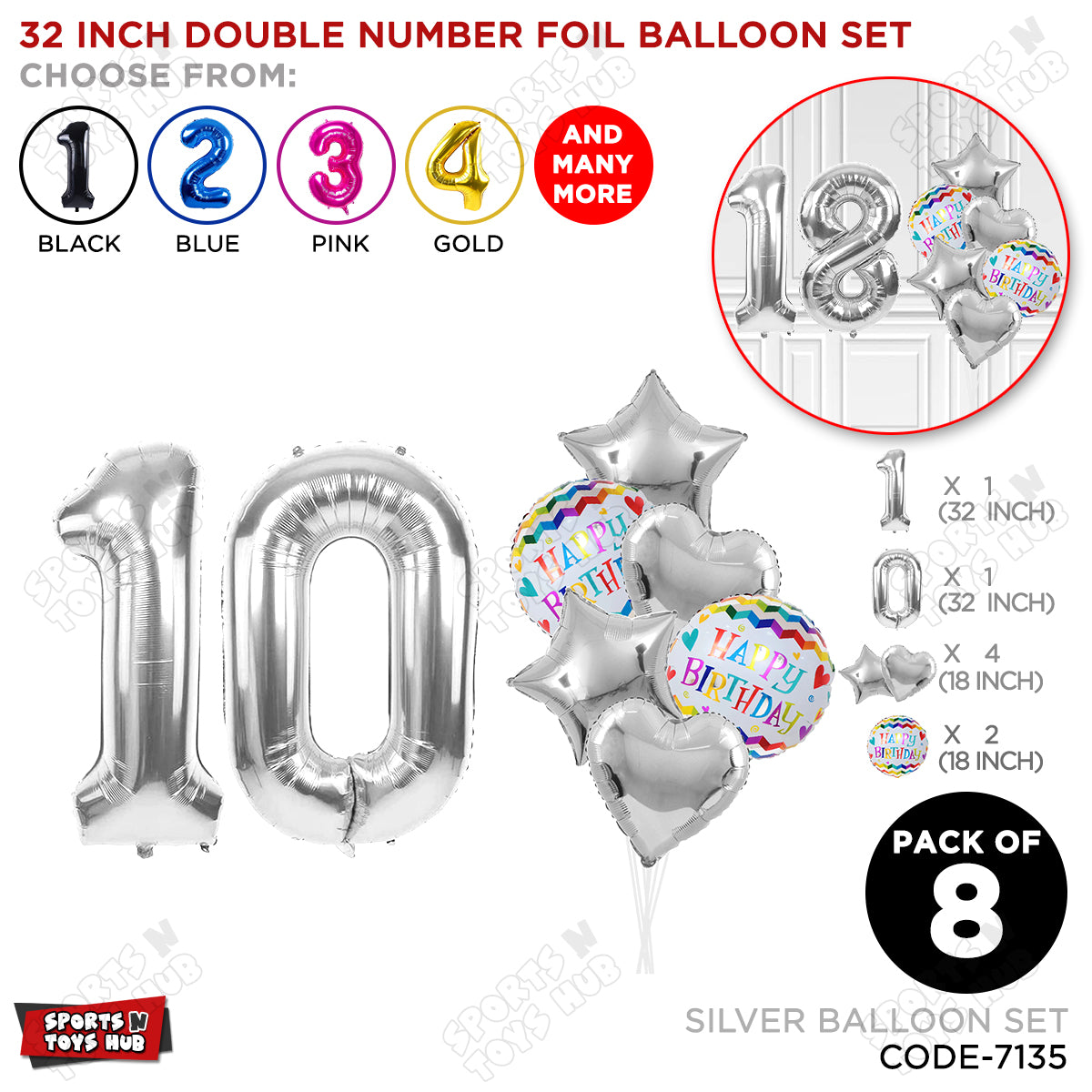 32 Inch Silver Color Number Foil Balloon With Round Printed Balloon Set