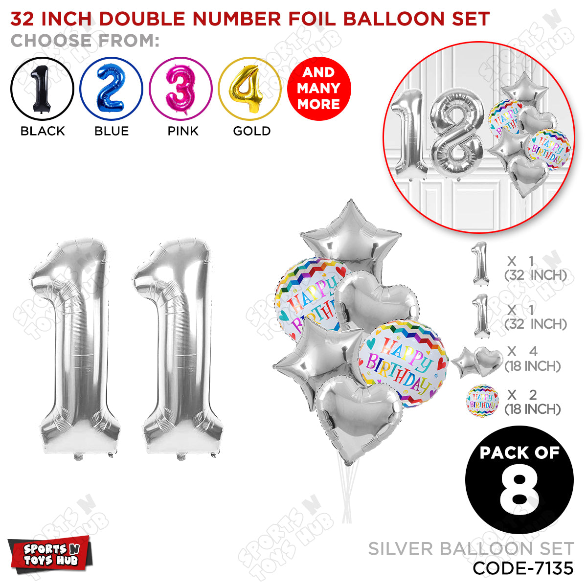 32 Inch Silver Color Number Foil Balloon With Round Printed Balloon Set