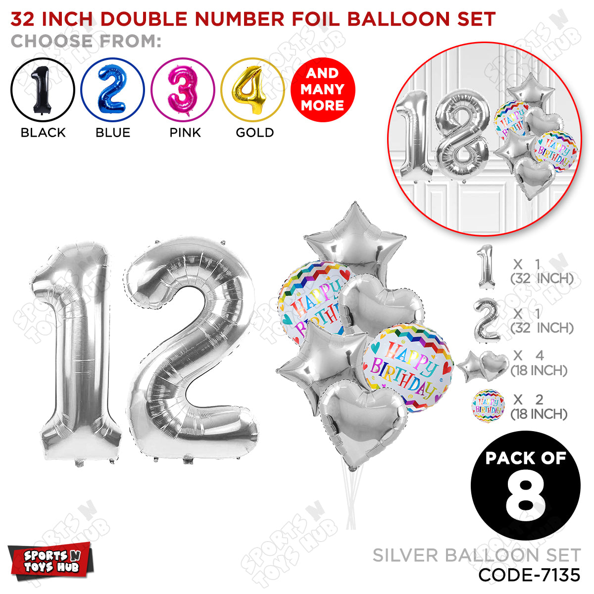 32 Inch Silver Color Number Foil Balloon With Round Printed Balloon Set