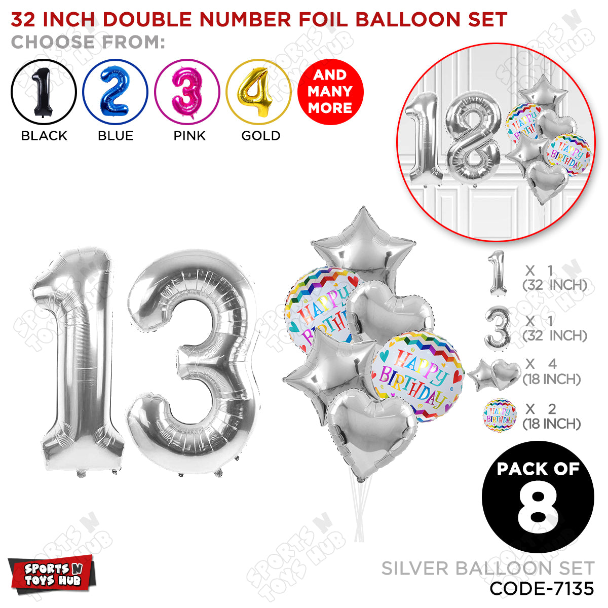 32 Inch Silver Color Number Foil Balloon With Round Printed Balloon Set