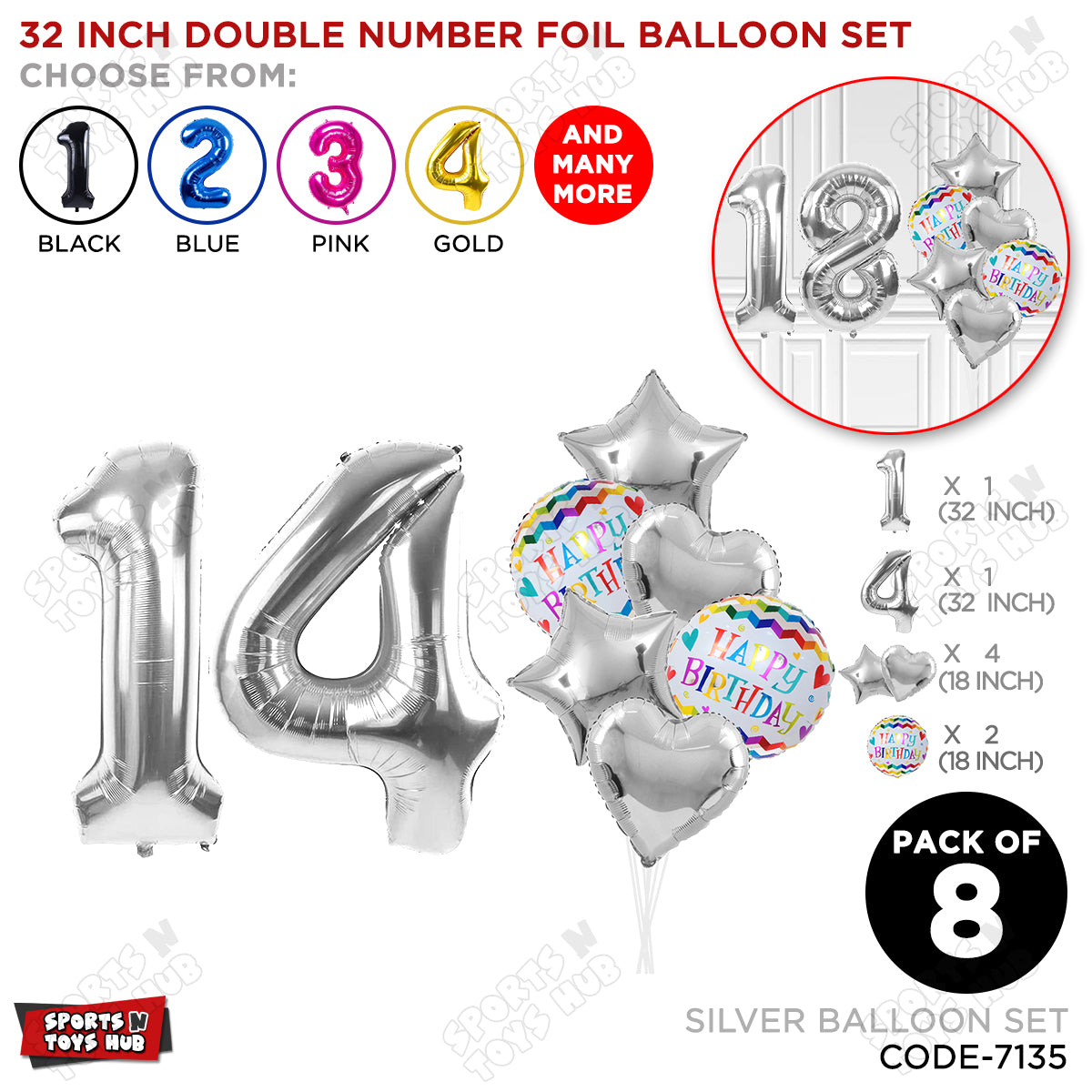 32 Inch Silver Color Number Foil Balloon With Round Printed Balloon Set