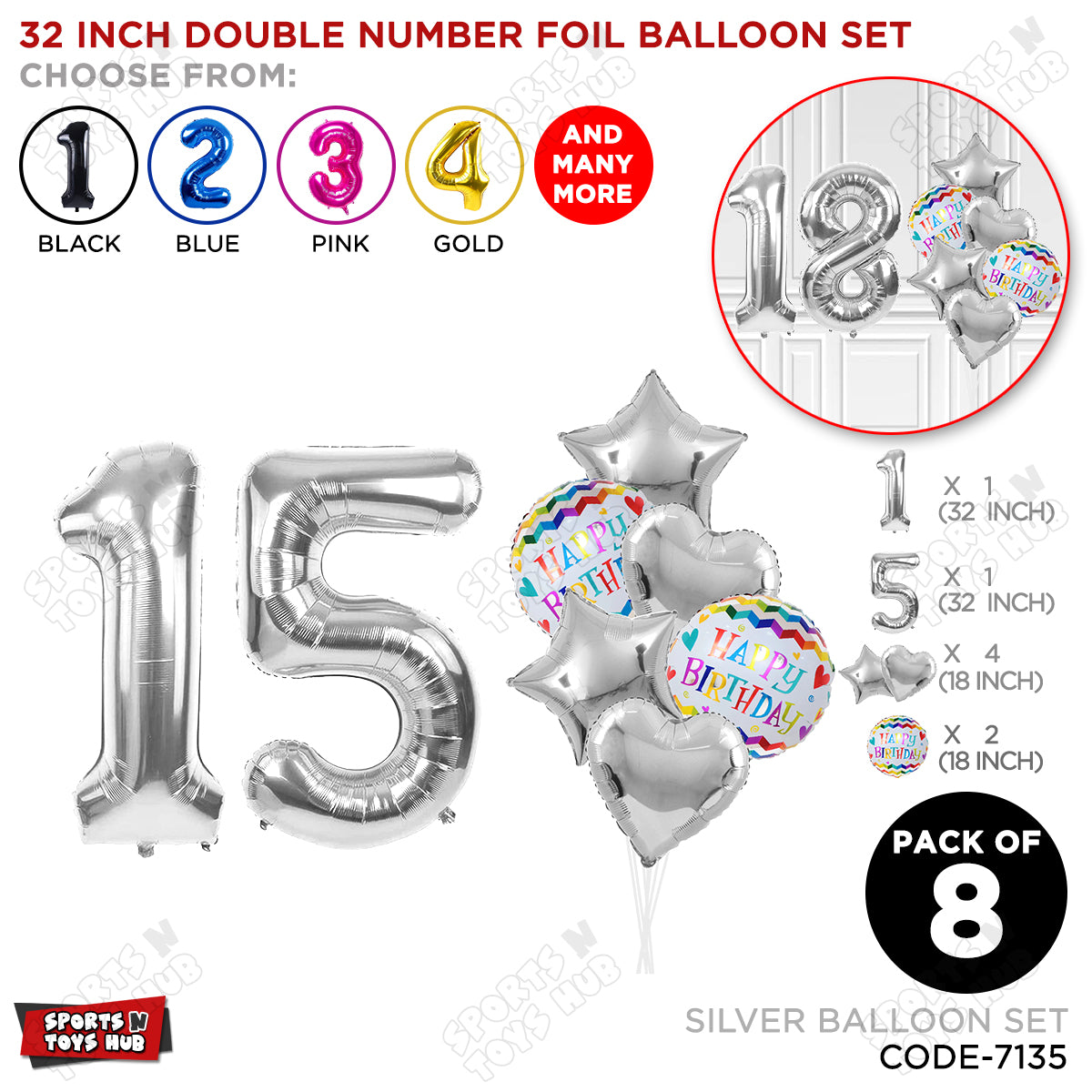 32 Inch Silver Color Number Foil Balloon With Round Printed Balloon Set