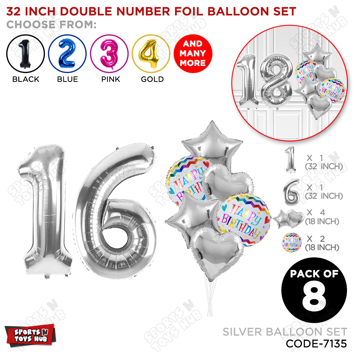 32 Inch Silver Color Number Foil Balloon With Round Printed Balloon Set