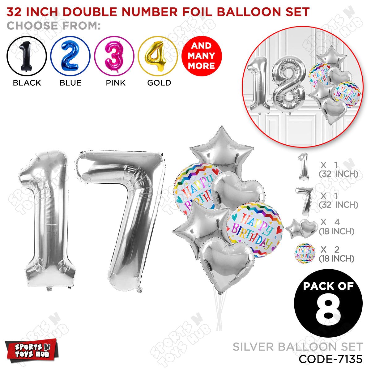 32 Inch Silver Color Number Foil Balloon With Round Printed Balloon Set
