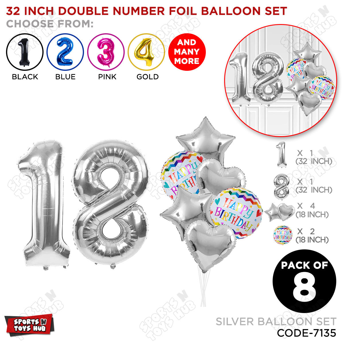32 Inch Silver Color Number Foil Balloon With Round Printed Balloon Set