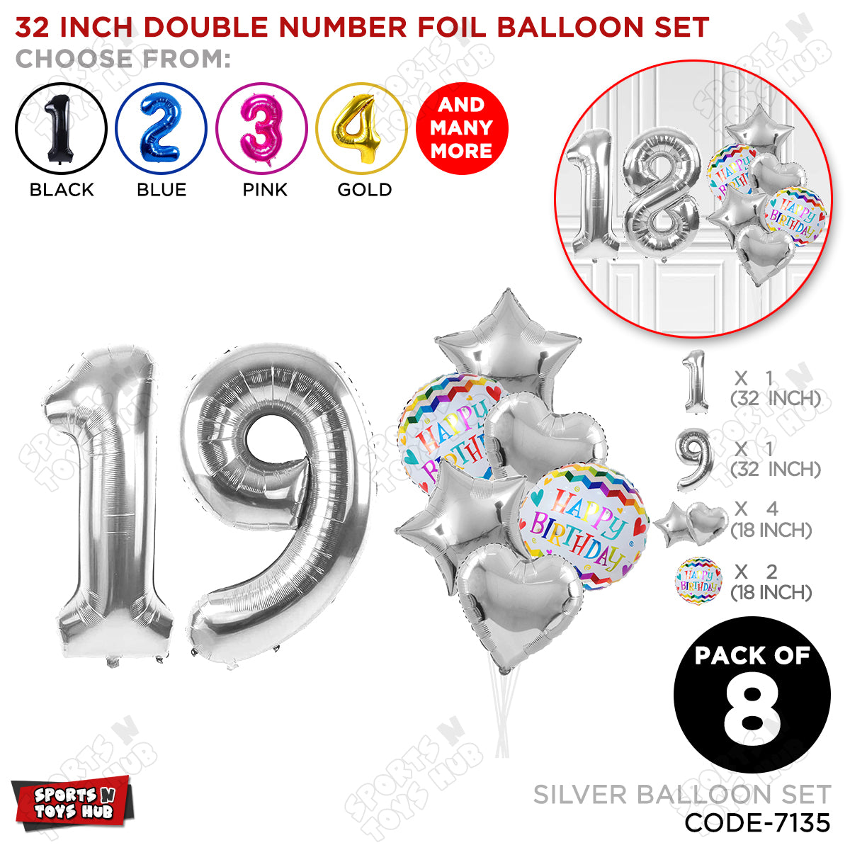 32 Inch Silver Color Number Foil Balloon With Round Printed Balloon Set