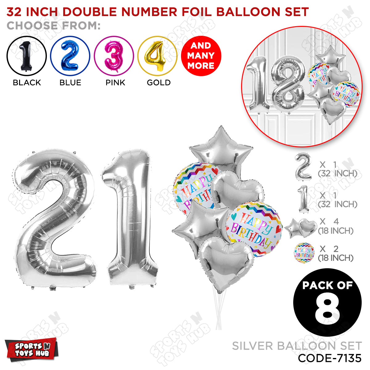 32 Inch Silver Color Number Foil Balloon With Round Printed Balloon Set