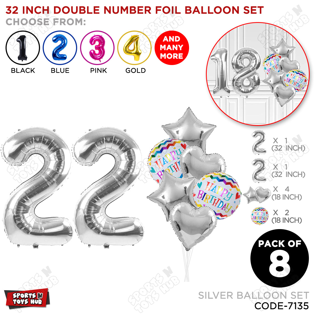 32 Inch Silver Color Number Foil Balloon With Round Printed Balloon Set