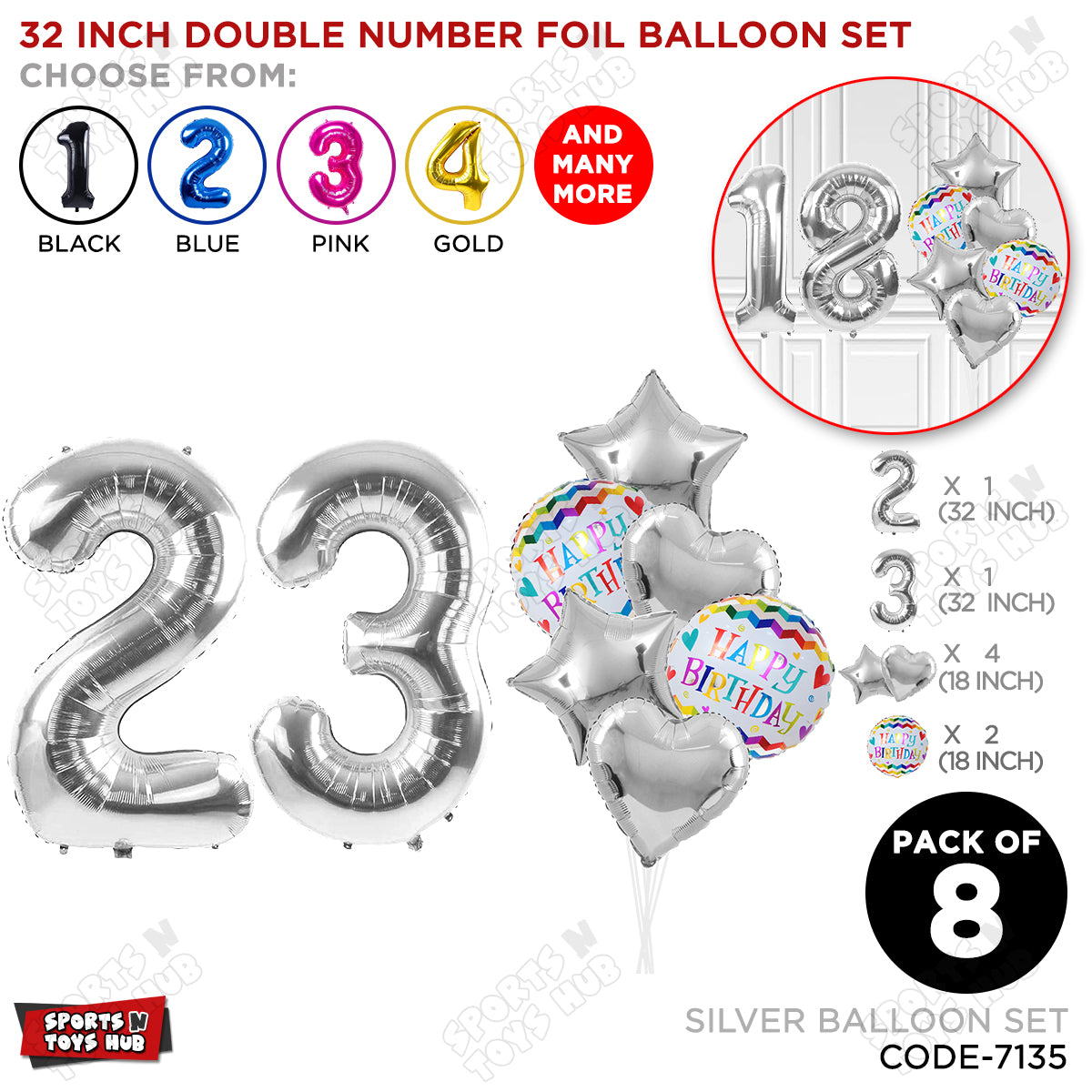 32 Inch Silver Color Number Foil Balloon With Round Printed Balloon Set