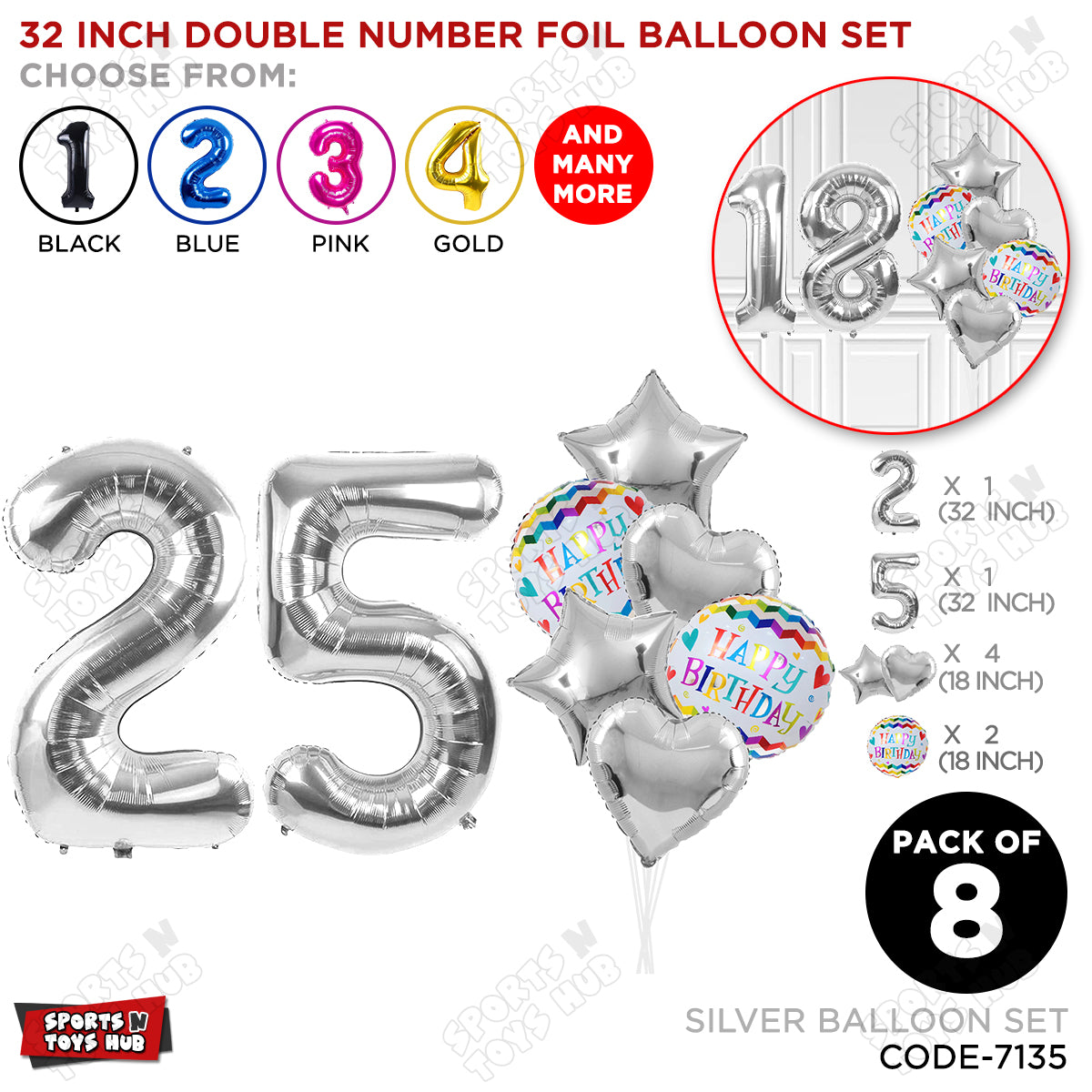 32 Inch Silver Color Number Foil Balloon With Round Printed Balloon Set