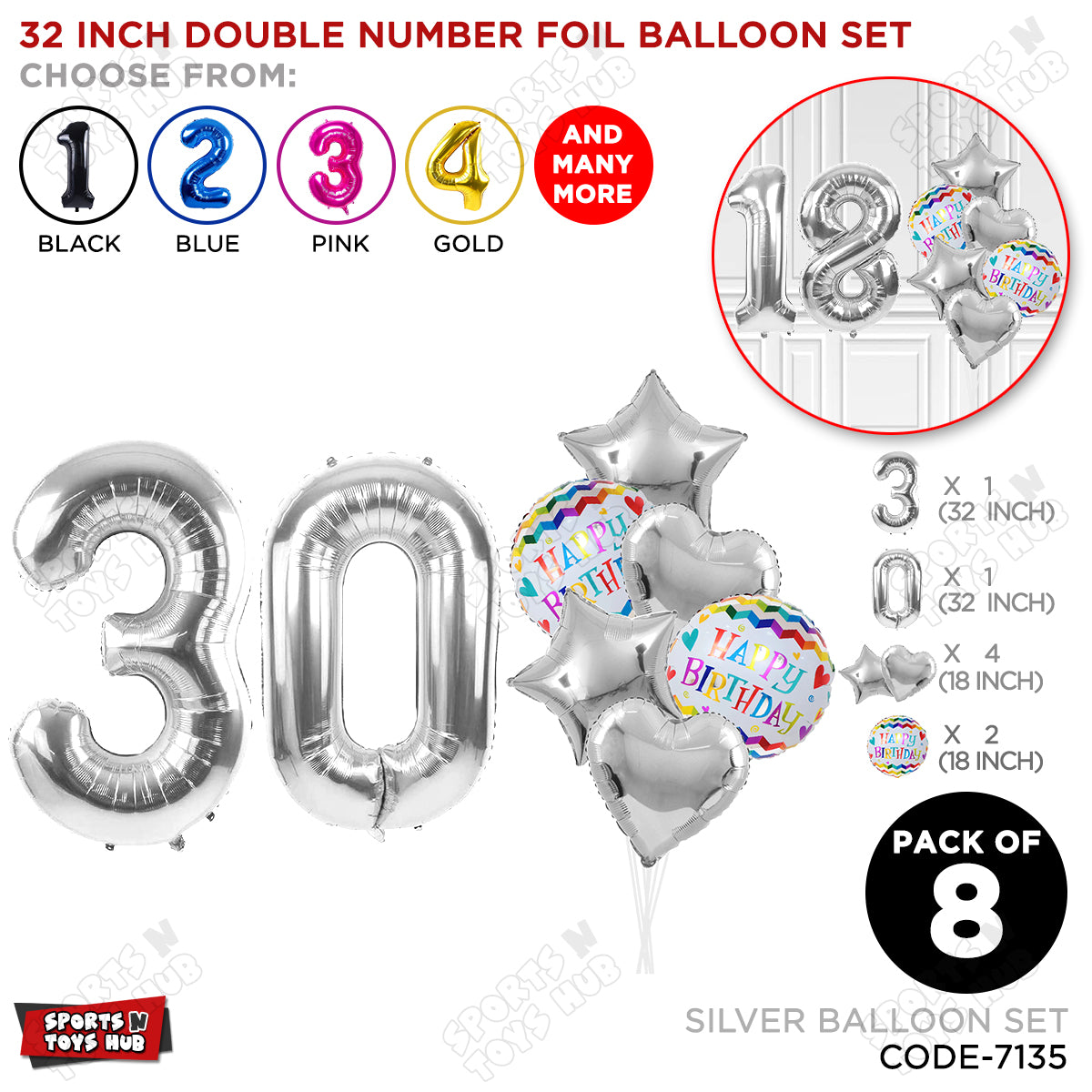 32 Inch Silver Color Number Foil Balloon With Round Printed Balloon Set