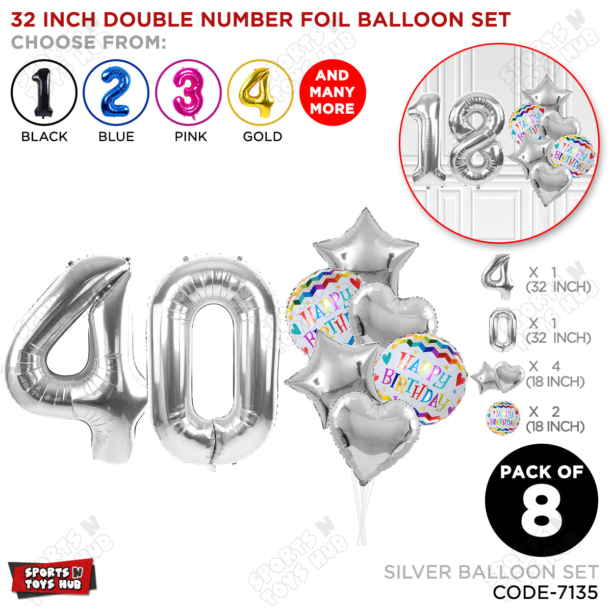 32 Inch Silver Color Number Foil Balloon With Round Printed Balloon Set