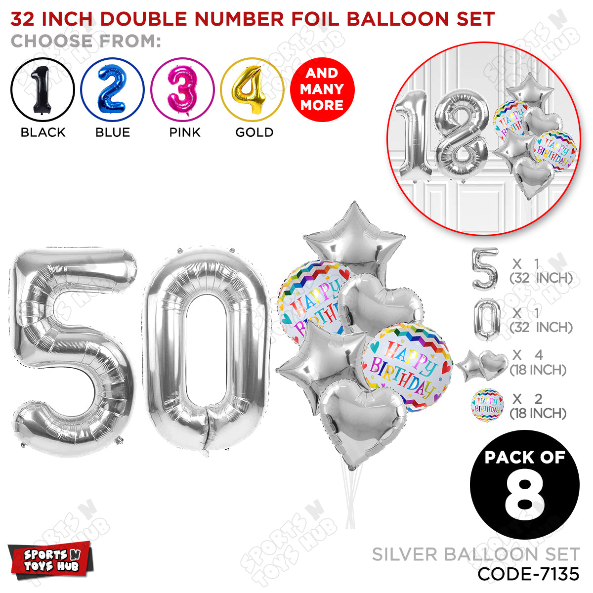 32 Inch Silver Color Number Foil Balloon With Round Printed Balloon Set