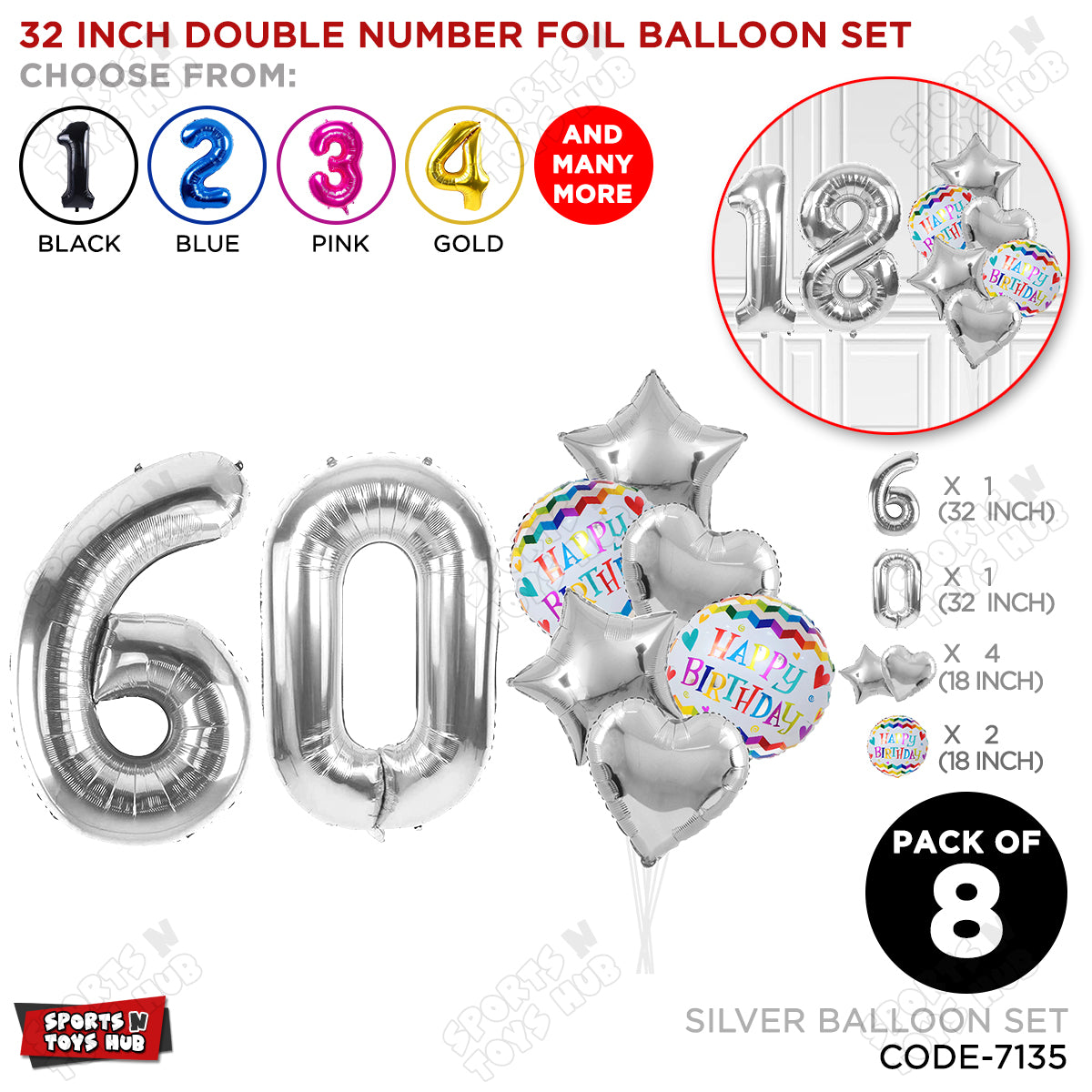 32 Inch Silver Color Number Foil Balloon With Round Printed Balloon Set
