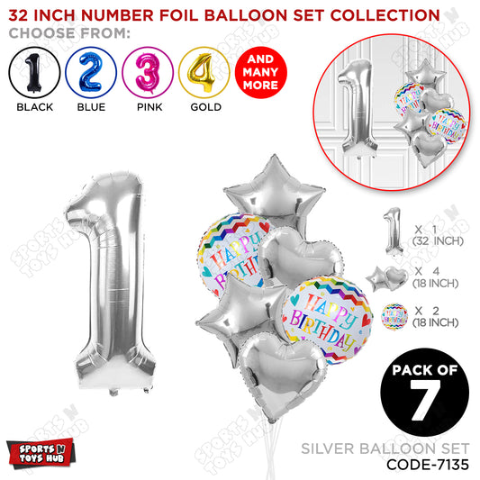 32 Inch Silver Color Number Foil Balloon With Round Printed Balloon Set
