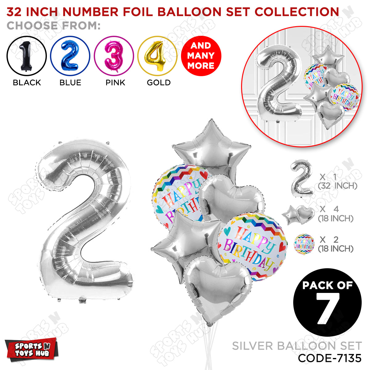 32 Inch Silver Color Number Foil Balloon With Round Printed Balloon Set