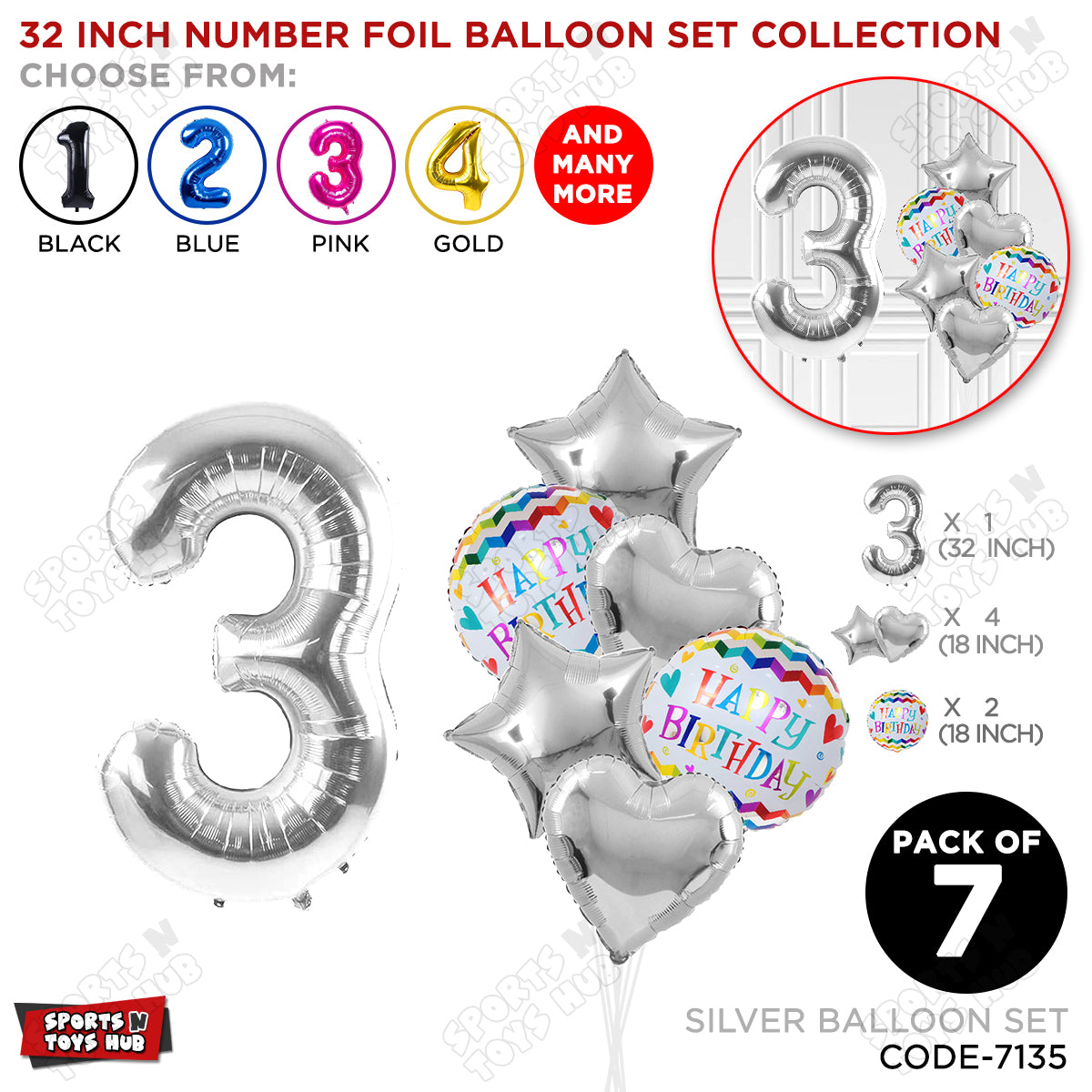 32 Inch Silver Color Number Foil Balloon With Round Printed Balloon Set