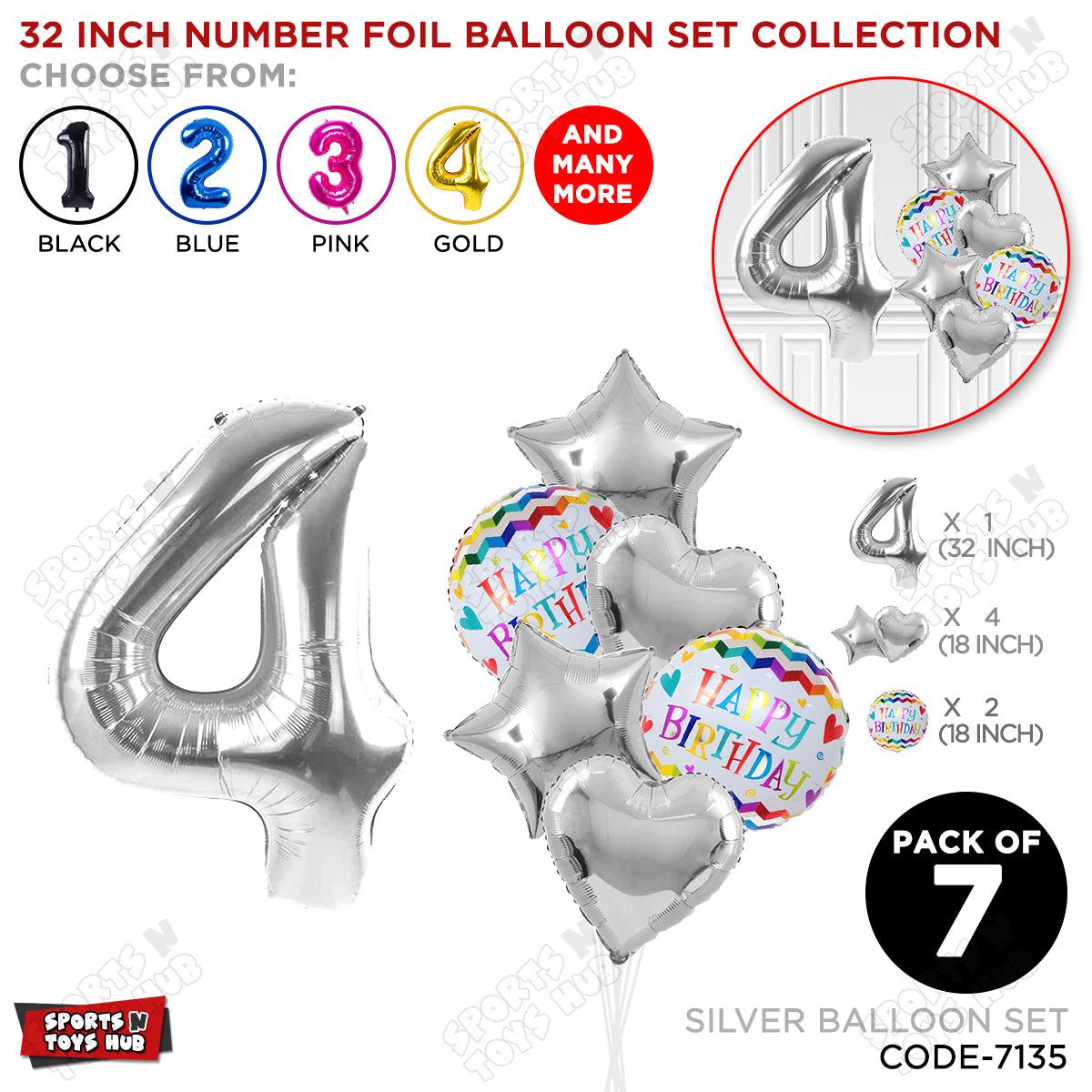 32 Inch Silver Color Number Foil Balloon With Round Printed Balloon Set